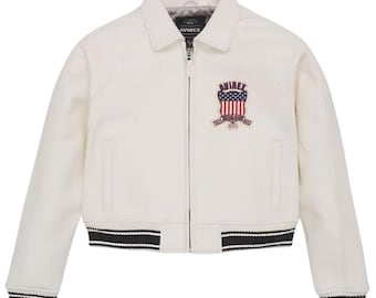 Handmade White Cowhide Leather Cropped Bomber Jacket: Avirex USA Varsity