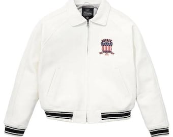 Chaqueta bomber de piel de vaca blanca hecha a mano: estilo Avirex