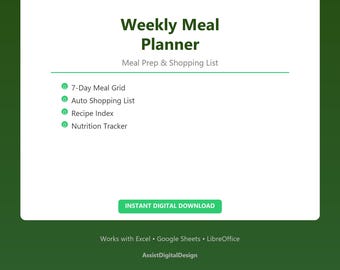 Weekly Meal Planner Spreadsheet Grocery Shopping List Recipe Index Nutrition Tracker Meal Prep Template Excel Digital Download