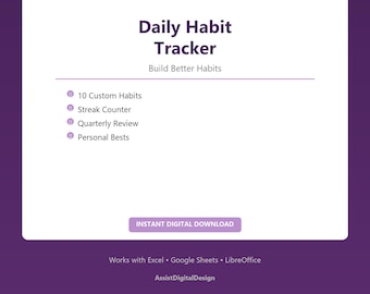 Daily Habit Tracker Spreadsheet Habit Builder Streak Tracker Monthly Habit Log Self Improvement Planner Excel Template Digital Download
