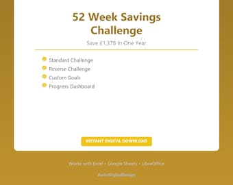 52 Week Savings Challenge Tracker Savings Goal Spreadsheet Money Challenge Save 1378 Excel Template Savings Planner Digital Download UK