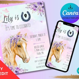 HORSE BIRTHDAY INVITATION Floral Horse Invite Printable Editable Horse Digital Template Canva Instant Download With Thank You Card Printable