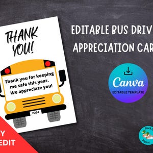 Tarjeta de agradecimiento para conductor de autobús editable, imprimible, plantilla digital editable de agradecimiento para conductor de autobús, Canva, descarga instantánea - Plano 5x7
