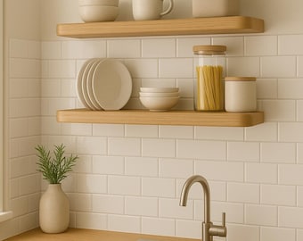 Floating Shelves White Oak – Rounded Edge Solid Wood Shelf with Hidden Brackets, Japandi or Scandinavian Minimalist Wall Accent