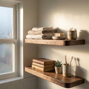 Könnte beinhalten: Zwei schwebende Holzregale in einem Badezimmer. Das obere Regal enthält gefaltete beige Handtücher, Seife und einen Keramikbecher. Das untere Regal zeigt Bücher, eine kleine Topfpflanze und Zahnbürsten.
