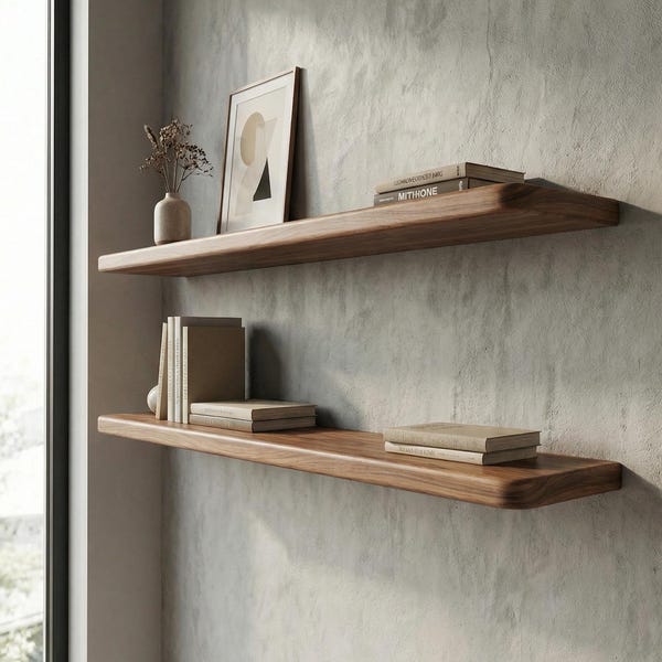 Prateleira de parede com bordas arredondadas em madeira maciça – Prateleira flutuante moderna para armazenamento e decoração da casa.