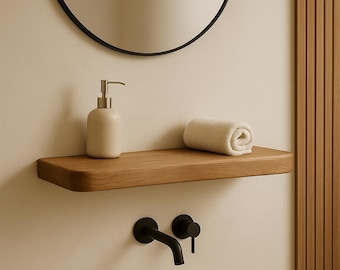 Handgemaakte massief houten zwevende plank: minimalistisch decor met afgeronde rand
