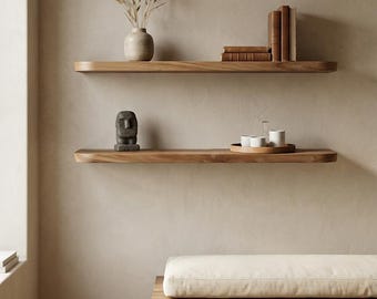 Floating Wooden Wall Shelf with Rounded Edges for Modern Interior Storage and Decoration