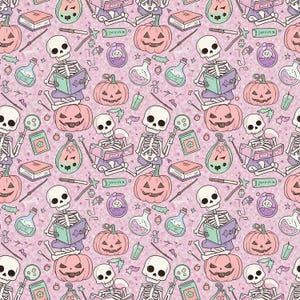 May include: A repeating pattern featuring skeletons, pumpkins, books, potion bottles, and magic wands on a light pink background. The skeletons are reading books while sitting on pumpkins. The design has a Halloween or spooky theme.