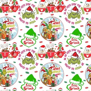 Peut inclure: Un motif répétitif avec des illustrations sur le thème de Noël, dont le Grinch, des bonhommes de neige et des tasses de chocolat chaud sur fond blanc. Le motif comprend le texte "Merry Grinchmas !" et "I'm so cute even the Grinch wants to steal me."
