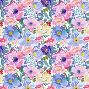 May include: A floral pattern featuring a variety of flowers in shades of pink, purple, and blue, with yellow centers and green leaves. The design is set against a white background, creating a vibrant and colorful display.