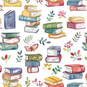 May include: A repeating watercolour pattern of stacked books in shades of yellow, blue, green, and red. The design includes floral elements and a butterfly on a white background. The books are illustrated with detailed shading and a soft, artistic style.