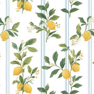 May include: Watercolor pattern featuring lemon branches with yellow fruit, green leaves, and white blossoms. The design is set against a white background with vertical light blue stripes, creating a fresh, summery aesthetic.