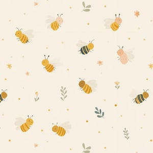 Peut inclure: Motif répétitif de dessins d'abeilles jaunes, oranges, roses et noires, avec des ailes blanches, sur un fond crème. De petites fleurs et des feuilles vertes sont également incluses dans le motif.