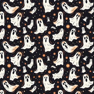 May include: A repeating pattern featuring white cartoon ghosts with orange accents on a black background. The ghosts are of varying sizes and poses, with small orange circles and white stars scattered throughout.