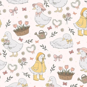 May include: A charming pattern of white ducks in different poses, some with hats, raincoats, and bows. The design incorporates floral elements, watering cans, and butterflies, all in soft pastel colours on a pale pink background.