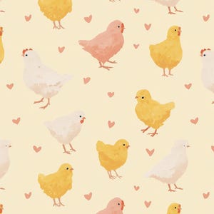 May include: A repeating pattern of chickens and hearts in shades of yellow, pink, and white on a light yellow background. The chickens vary in size and color, with some having red combs. Small pink hearts are scattered throughout the design.