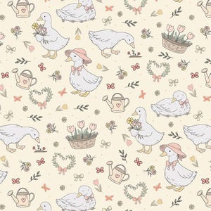 以下が含まれることがあります： クリーム色の背景に、漫画のガチョウ、じょうろ、花、リボンをあしらった繰り返し模様。帽子をかぶり、花束を持っているガチョウもいます。バスケットに入ったチューリップやハート型の花輪もデザインに含まれています。
