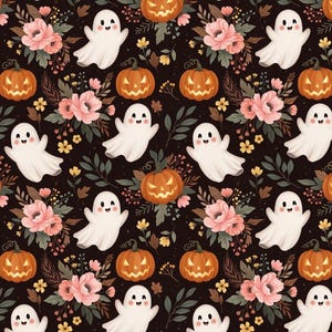 100% Cotton Printed Fabric |Halloween Ghost With Pumpkin Floral Pattern | DIY Sewing, Patchwork, Home Decor | Sold By Half Yard