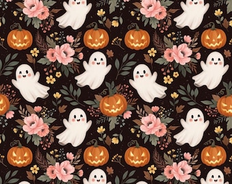 Tela estampada 100 % algodón / Fantasma de Halloween con estampado floral de calabaza / Costura DIY, patchwork, decoración del hogar / Se vende por media yarda