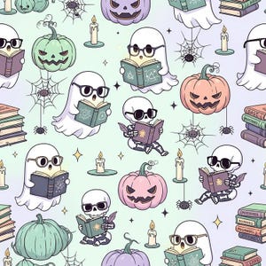 May include: A repeating pattern featuring Halloween-themed illustrations. Ghosts and skeleton figures wearing glasses are reading books. Pumpkins, candles, spiderwebs, and spiders are also included in the design. The color palette includes shades of green, purple, and orange.
