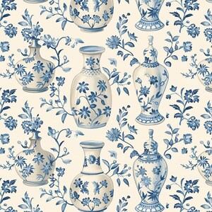 May include: A repeating pattern of blue and white porcelain vases with floral motifs. The vases, in diverse shapes, display detailed blue flower patterns against a cream backdrop, reminiscent of classic china.