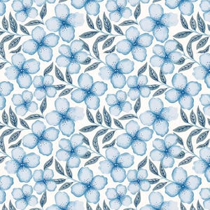 May include: A seamless pattern featuring light blue watercolor flowers and gray leaves on a white background. The floral design is repeated across the surface, creating a delicate and elegant aesthetic. Ideal for fabric or wallpaper.