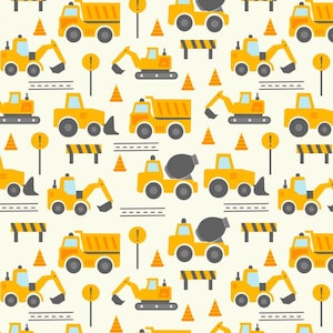 May include: A repeating pattern of yellow construction vehicles, including dump trucks, excavators, and cement mixers, on a cream background. The design also features orange traffic cones, road signs, and black and yellow barricades.