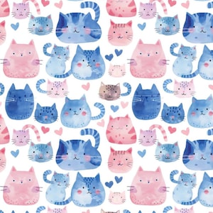 Pode incluir: Padrão aquarela com um design repetitivo de gatos de desenho animado fofos em tons de rosa, azul e cinza. Os gatos têm rostos sorridentes e são intercalados com pequenos corações em um fundo branco.