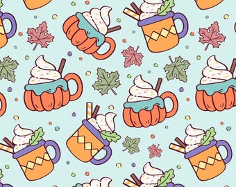 100% Cotton Printed Fabric |Pumpkin Spice Latte Pattern | DIY Sewing, Patchwork, Home Decor | Sold By Half Yard