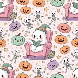 May include: A repeating pattern featuring a white ghost wearing a green witch hat while reading a book in a pink armchair, surrounded by smiling orange, purple, and mint green pumpkins, dancing skeletons, and small yellow stars on a light pink background.