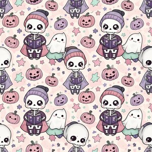 100 % bedruckter Baumwollstoff | Pastellrosa, niedlicher Skelett-Geister-Nahtlosstoff | DIY-Nähprojekte, Patchwork, Heimdeko | Verkauf pro halben Yard
