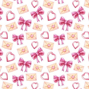 May include: Watercolor pattern featuring pink bows, heart-shaped outlines, and envelopes with heart details on a white background. The design is repeated across the surface, creating a seamless and romantic aesthetic.