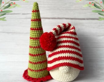 CROCHET PATTERN Christmas Gnome Peppermint Stripe Candy Cane Red & White Hat Green Tree Let it Snow Holiday Home Decorations Amigurumi Gifts