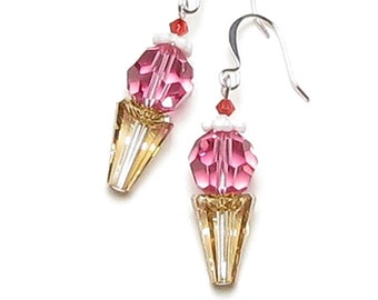 Ice Cream Cone Earrings Silver Ear Wires Pink Crystal Beads Miniature Dessert Jewelry Sweet Mini Food Lover Gifts Sundae with Cherry On Top
