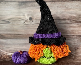 CROCHET PATTERN Wicked Witch Gnome Halloween Amigurumi Mini Fall Pumpkins Spooky Hat DIY Fall Party Decorations in Green Orange Purple Black