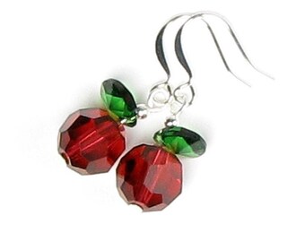 Crystal Apple Earrings Scarlet Red Beads Fall Colors Green Leaf Drops Jewelry Gifts for Teachers Autumn Farmer's Market Apple Picking Season
