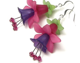 Fuchsia Flower Silver Dangle Earrings Deep Pink & Purple Realistic Exotic Summer Floral Statement Jewelry Mother's Day Gift For Garden Lover
