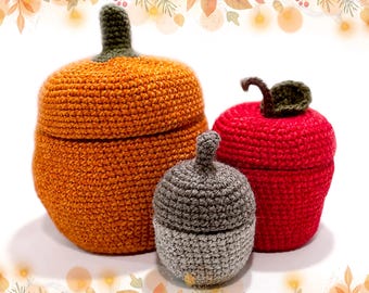 Fall Basket Collection Crochet Pattern: Pumpkin, Apple, Acorn (Digital Download)