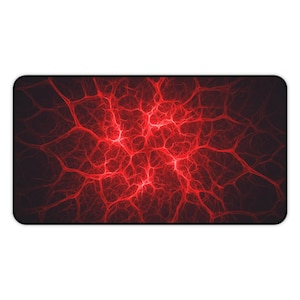 May include: Rectangular mousepad with a striking red and black design. The pattern resembles a network of veins or lightning, with a bright red center that fades to black at the edges. The mousepad has a black border.