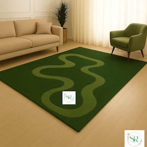Hand-Tufted Wool Area Rug: Modern Olive & Dark Green Wave Design