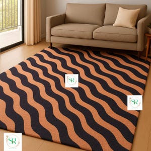 Hand-Tufted Wavy Wool Rug: Black & Peach Modern Area Rug