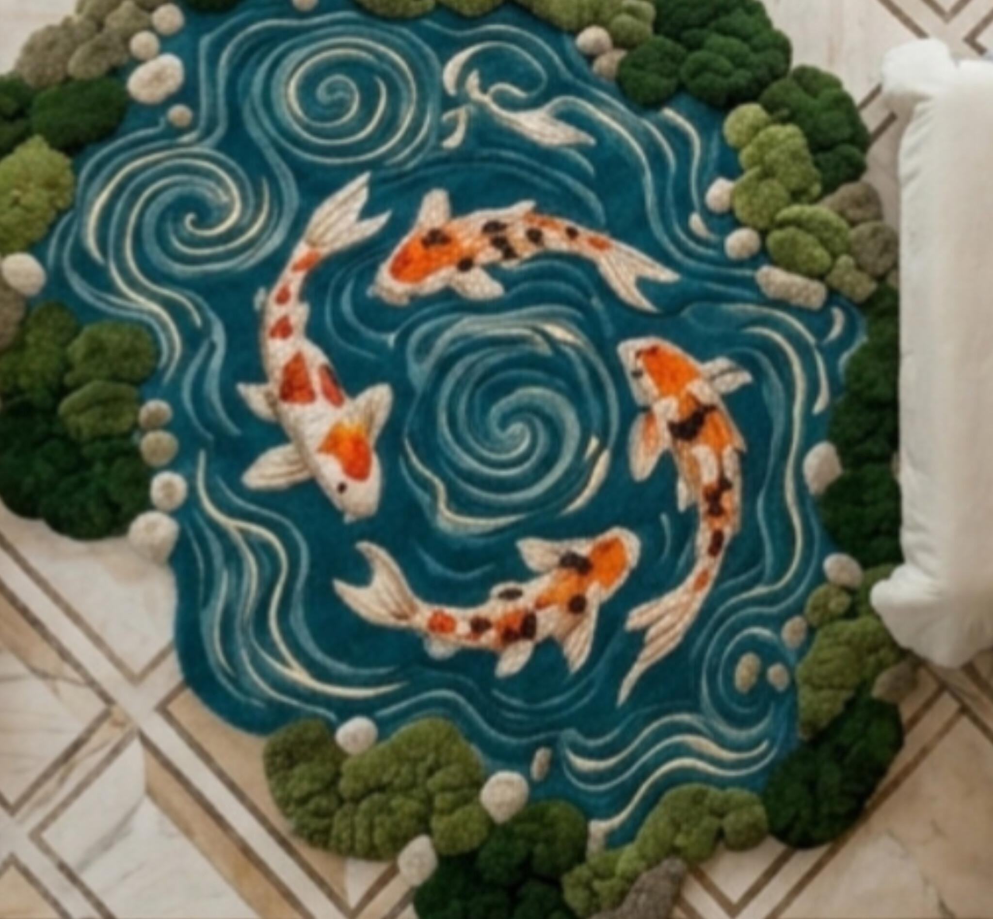 Fish Tuft Rug Koi Fish Pond Rug, Tufted Wool Area Rug, Japanese Zen Carpet, 3D Moss ...