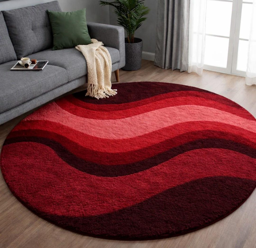 6x6 7x7 Hand-tufted Round Abstract Wave Rug | Red & Burgundy Modern ...