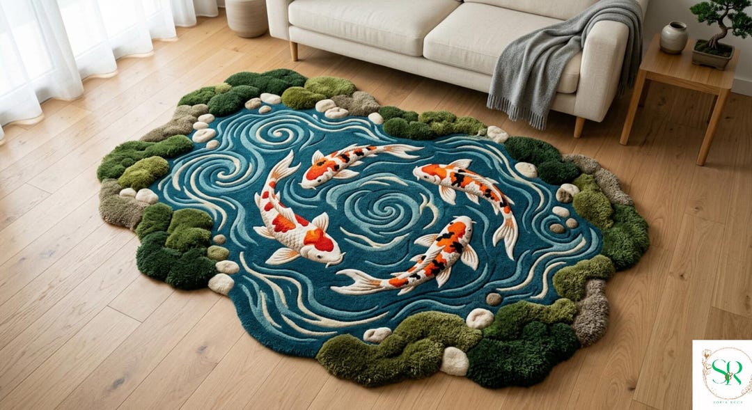 Fish Tuft Rug Koi Fish Pond Rug, Tufted Wool Area Rug, Japanese Zen Carpet, 3D Moss ...