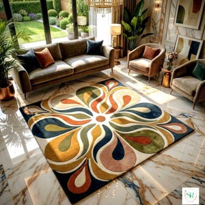 May include: A vibrant, patterned rug with a floral design is the focal point of the room. The rug showcases a central white circle with petals in orange, green, blue, and beige. It sits on a marble floor, complemented by a brown sofa and armchairs, creating a stylish living space.