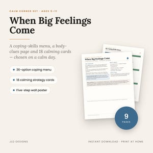 以下が含まれることがあります： 5歳から11歳の子供向けにデザインされた「When Big Feelings Come」というタイトルのデジタル・カームコーナー・セット。36種類の対処法メニュー、18枚の落ち着くための戦略カード、5ステップの壁掛けポスターが含まれており、合計9ページで構成されています。