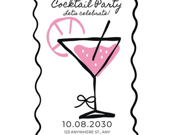 Editable Cocktail Party Invitation | Pink and White Martini Invite | Printable Canva Template | Instant Download