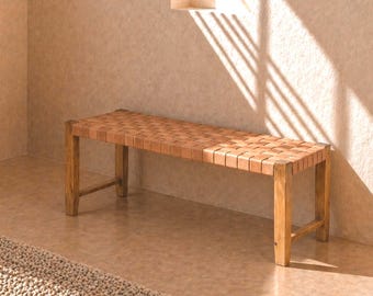 Handwoven Leather Bench – Handmade Moroccan Seat – Natural Leather & Solid Wood – Boho Rustic Home Décor.