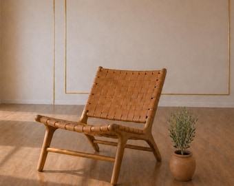 Contemporary Woven Leather Chair | Handmade Modern Lounge Seat | Natural Wood Designer Chair | Stylish Accent Furniture.